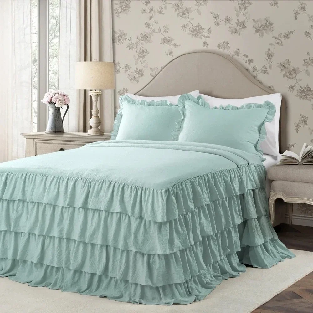 $230 Lush‎ Decor Allison Ruffle Skirt Bedspread Set in Aqua Full Size Romantic